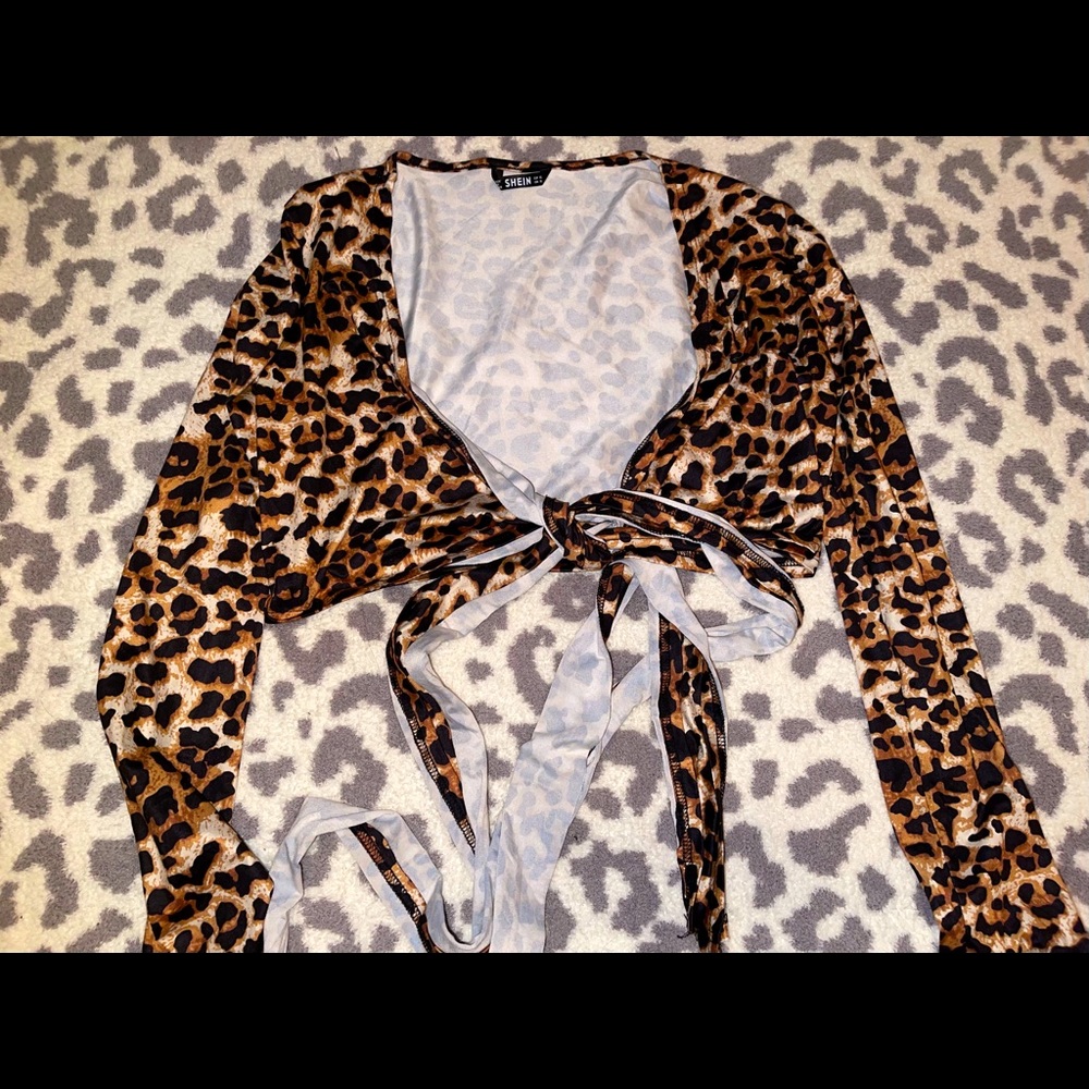 SHEIN Leopard Print Self-Tie Cropped Wrapped Top
